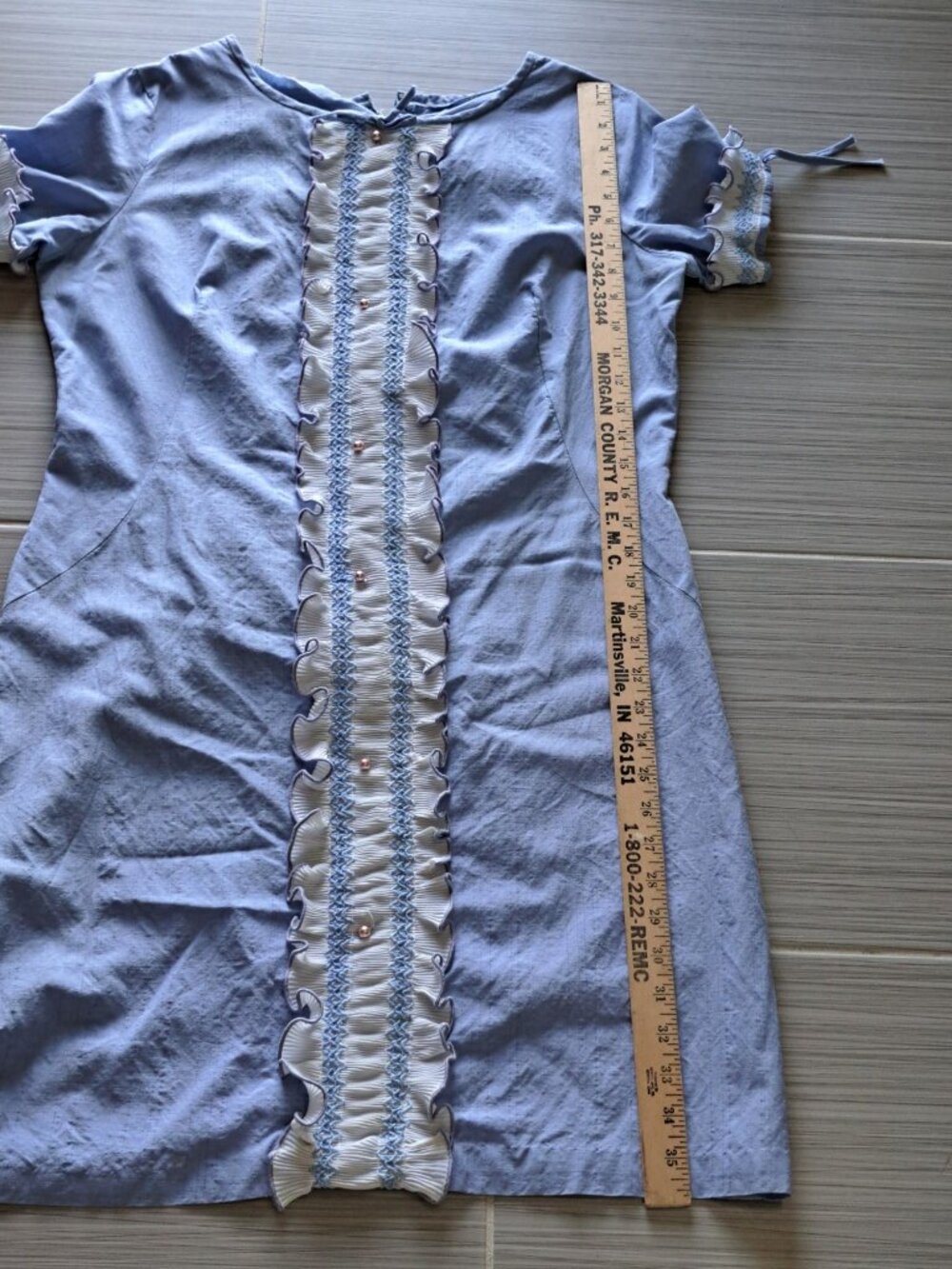 Vtg 60's Handmade Short-Sleeve Dress Ruffle Bows Smocking  Size L Lightweight - Picture 11 of 12
